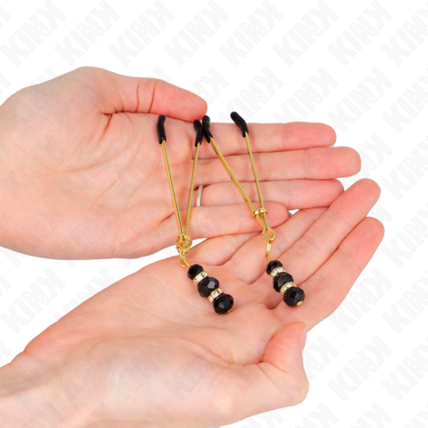 KINK - PINZAS PARA PEZONES DORADA FINA CON TRIPLE BOLA DE VIDRIO NEGRO 7 CM - Imagen 3