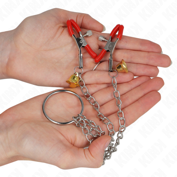 KINK - PINZAS PARA PEZONES Y CLÍTORIS ROJAS CON CASCABEL DORADO Y CADENA 30 CM - Imagen 2