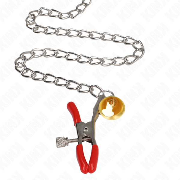 KINK - PINZAS PARA PEZONES Y CLÍTORIS ROJAS CON CASCABEL DORADO Y CADENA 30 CM - Imagen 4