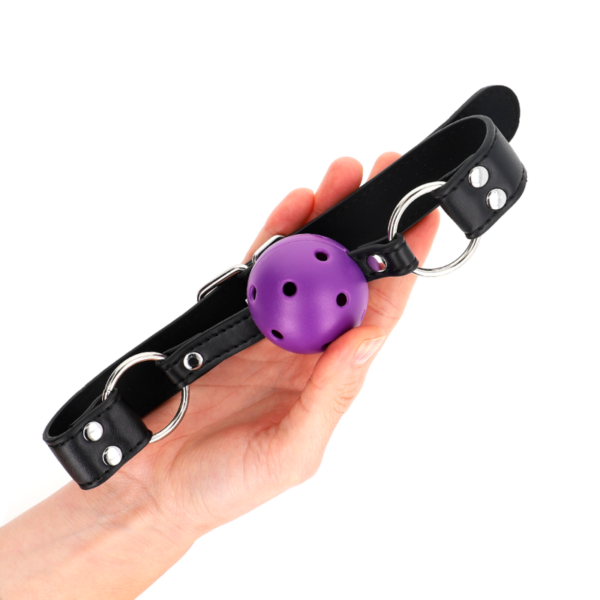 KINK - MORDAZA DE BOLA 4 CM TRANSPIRABLE CON DOBLE REMACHE MORADO 62 x 2.5 CM AJUSTABLE 42-58 CM - Imagen 3