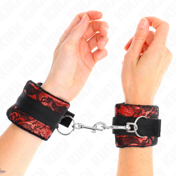 KINK - MUÑEQUERAS CORTAS DE ENCAJE TERCIOPELO Y UNIÓN DE NYLON ROJO/NEGRO 23 X 6.5 CM - Imagen 4