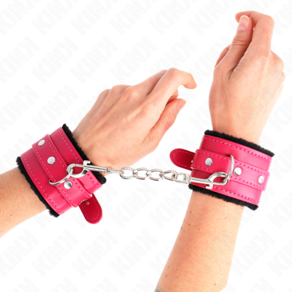 KINK - MUÑEQUERAS FORRADAS PREMIUM NEGRO CON CORREA FUCSIA AJUSTABLE 17-29 CM X 6 CM - Imagen 4